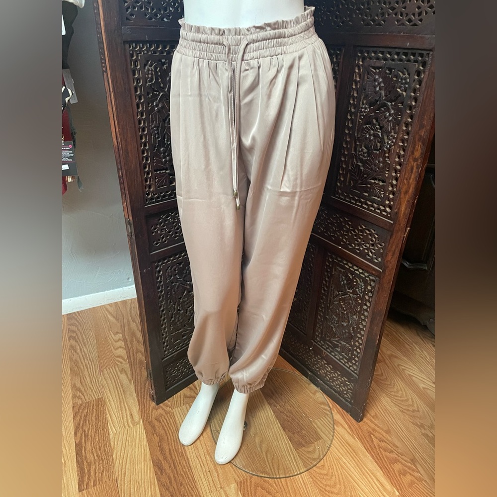champagne colored satin trouser with pockets